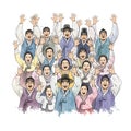 Large Group of People in Hanbok Cheering with Hands Raised in Celebration Royalty Free Stock Photo